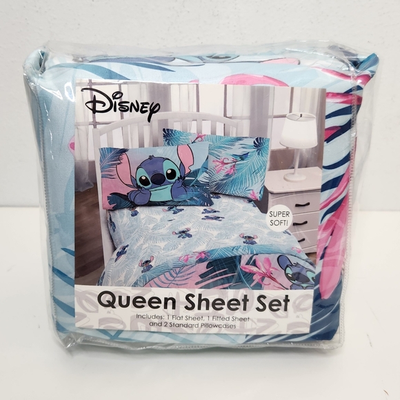 Disney Lilo & Stitch NWT Queen Sheet Set Floral Fun 4 Piece Super Soft Blue Pink - Picture 1 of 10